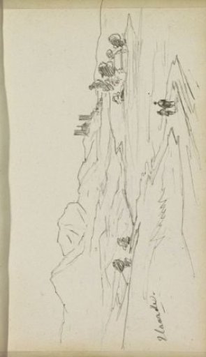 Two figures on a path in a hilly landscape with a castle