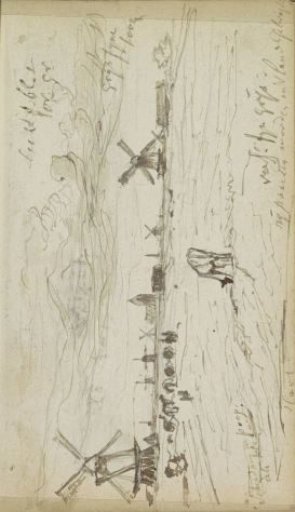 Meadow with cattle and mills