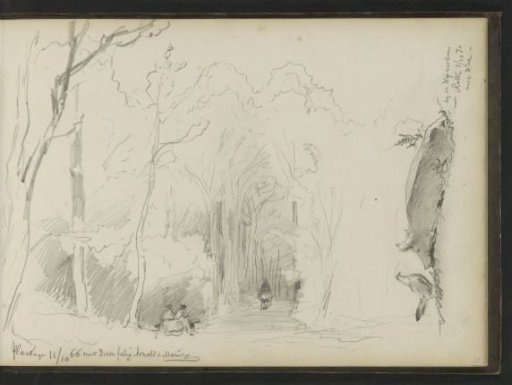 Figures on a forest avenue and a lying cow and a chicken