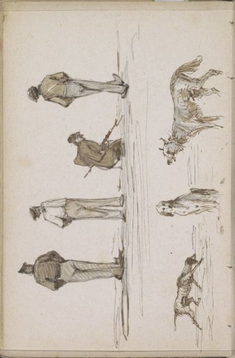 Three standing men and one crouching man with three dogs