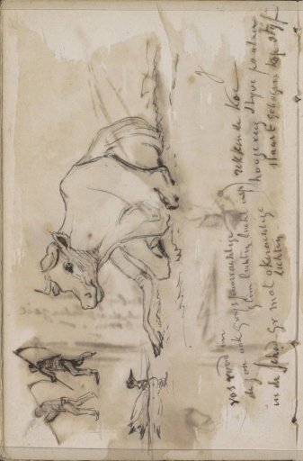 Recumbent cow, a duck, and two men with a scythe