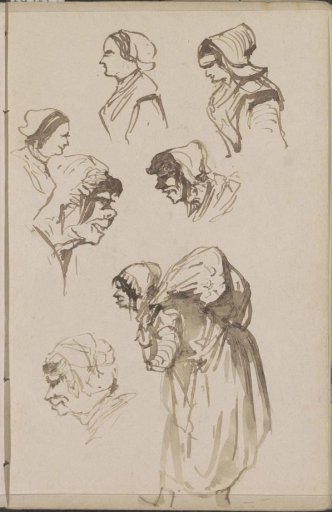 Peasant woman carrying a sack on her back and heads of women
