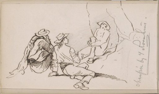 Two sitting hunters with dogs in a forest