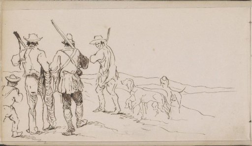 Hilly landscape with hunters and dogs