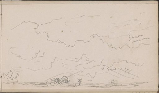 Cloudy sky above a flat landscape with a mill