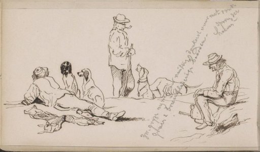 Two hunters with dogs on a forest path