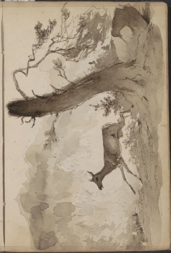 Mountain Landscape with a Deer by a Tree