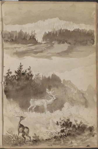 Mountain landscape with two deer among trees and shrubs