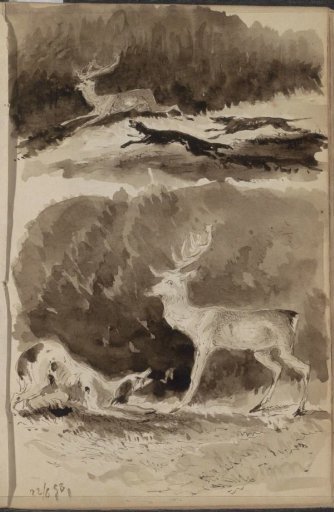Landscapes with deer chased by dogs