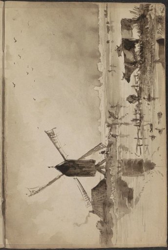 River landscape with a mill, a farmhouse and cows