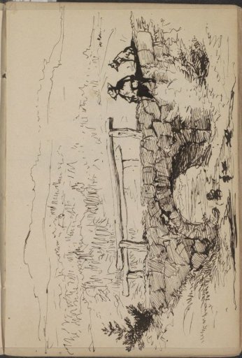 Mountain landscape with a man and dog sitting on a stone bridge