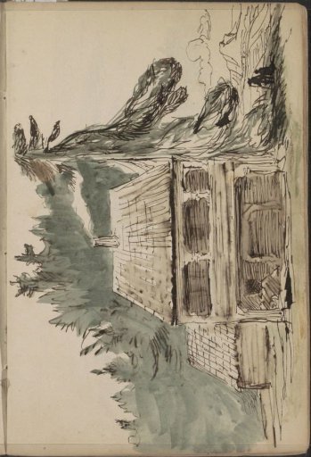 Figures at a farmhouse next to a group of pine trees