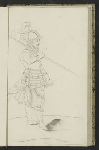 Soldier carrying a pike on his right shoulder