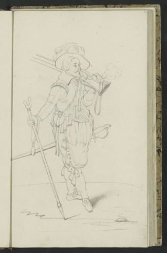 Soldier carrying a musket on his left shoulder and holding a pike in his right hand