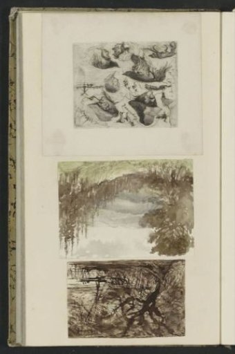 River landscape with a tree, a mountain landscape and men's heads, a mill and animals