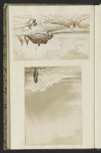 Man smoking a pipe on the bank of a river and a landscape with farms and figures