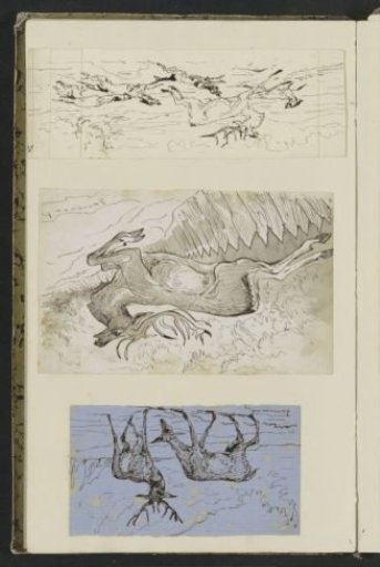 Deer in a Meadow, a Jumping Deer, and Deer Hunted by Dogs
