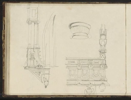 Chimneypiece, basin and a monumental arch
