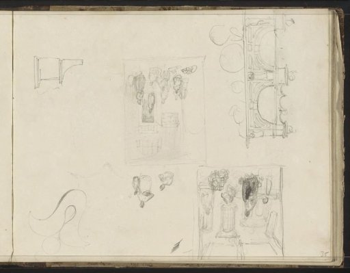 Study sheet with architecture, a street scene and interior with figures