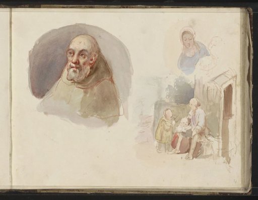 Monk, a woman and figures in front of a house