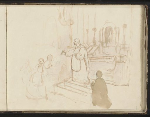 Gesturing monk and figures in an interior