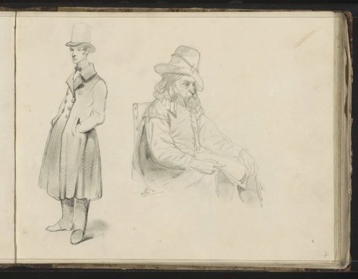 Man with a tall hat and a seated man