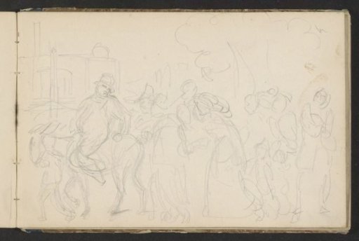 Man on a Horse or Donkey Followed by a Crowd