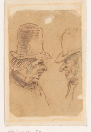 Two men with tall hats, in conversation