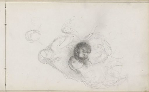 Woman, possibly an angel, bending over two huddled women