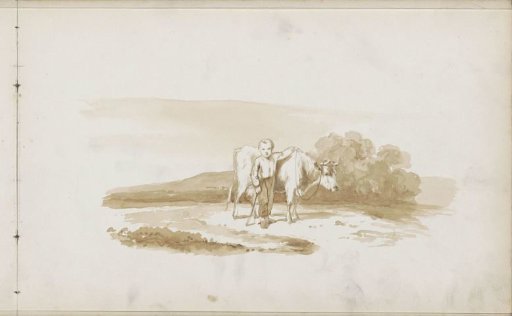 Boy with a cow on a country road