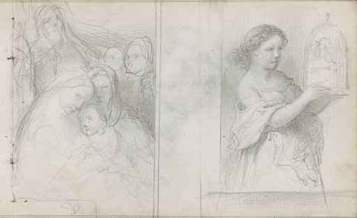 Figures gathered around a baby and a girl with a birdcage
