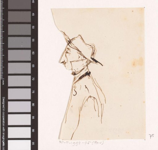 Caricature head of a man with a hat, in profile to the left