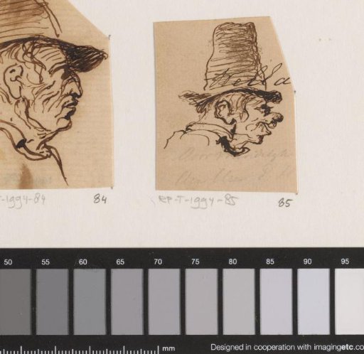 Caricature of a man with a tall hat, in profile to the right