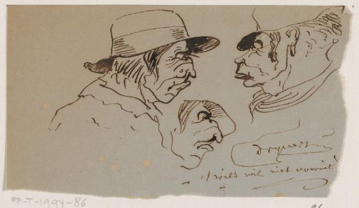 Three caricatured male heads