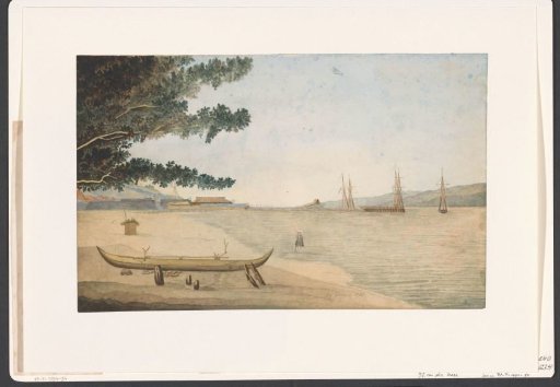 View of a Dutch settlement with fort and harbour in Indonesia