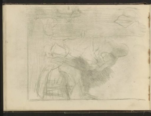 Interior with a woman holding a child on her lap