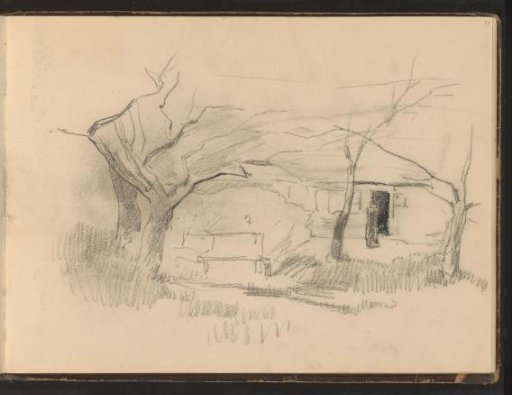 Trees and a bench in front of a country house