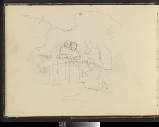 Two Standing Figures with Cloaks by a Fence