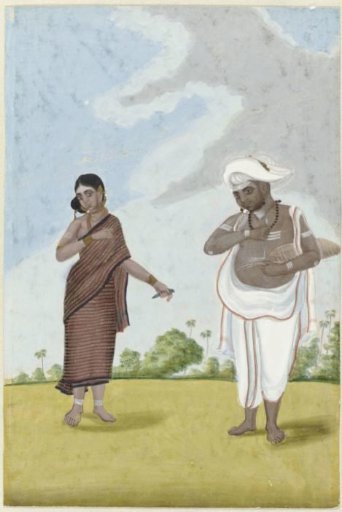 Writing clerk and his wife standing in a landscape