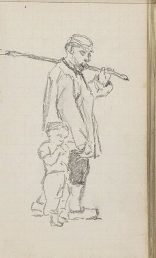 Boy and farmer with a staff on his shoulder
