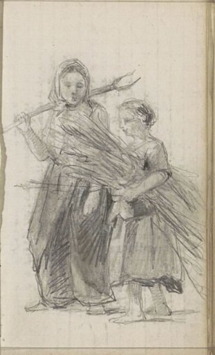 Two girls with a pitchfork and a bundle of grain