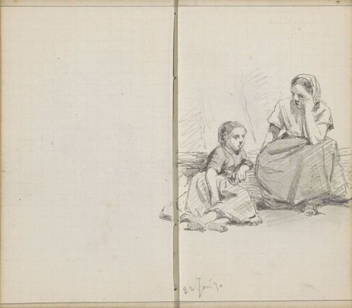 Two resting girls by a tree trunk