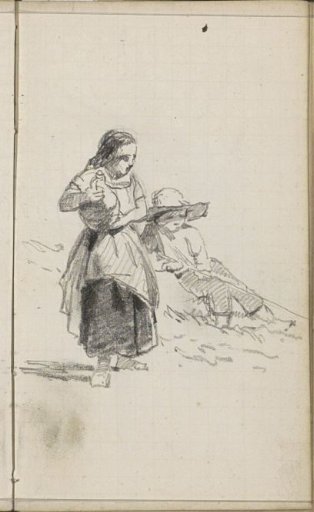 Resting boy and a girl with a jug on a slope