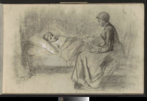 Woman sitting beside a child on a sickbed