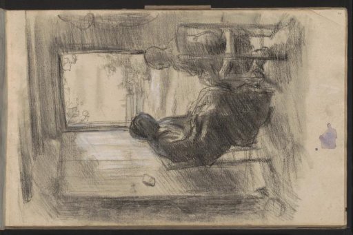 Working woman and a child seated by an open door