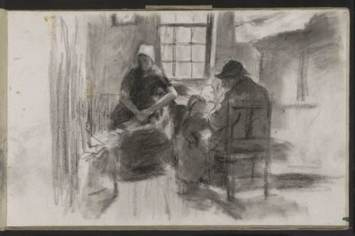 Man, woman and child in the interior of a farmhouse