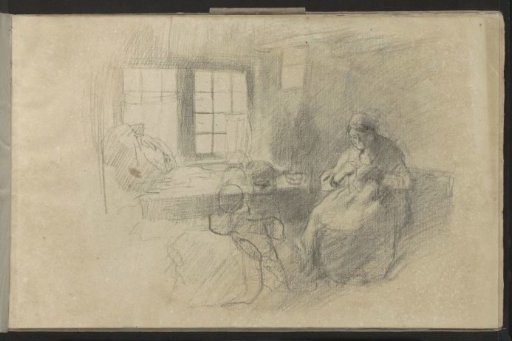 Interior with a sewing woman by a window