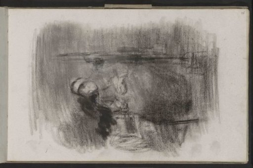 Woman doing needlework by a cradle