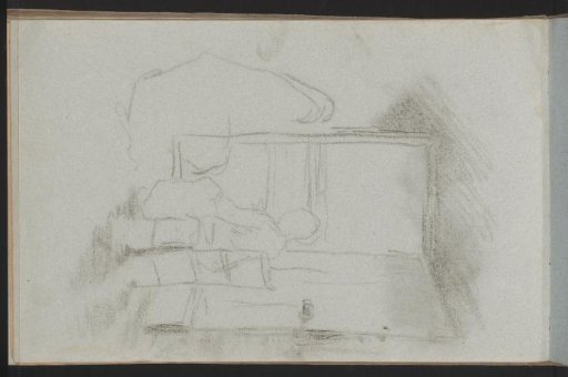 Interior with a woman sitting by a doorway