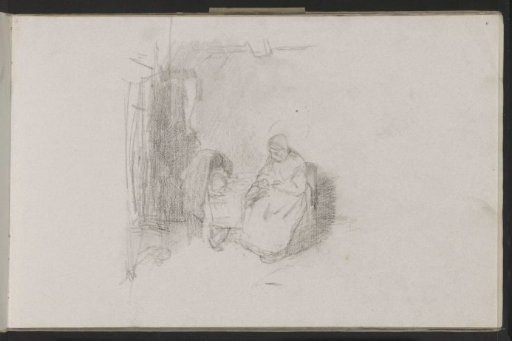 Sewing woman sitting beside a cradle